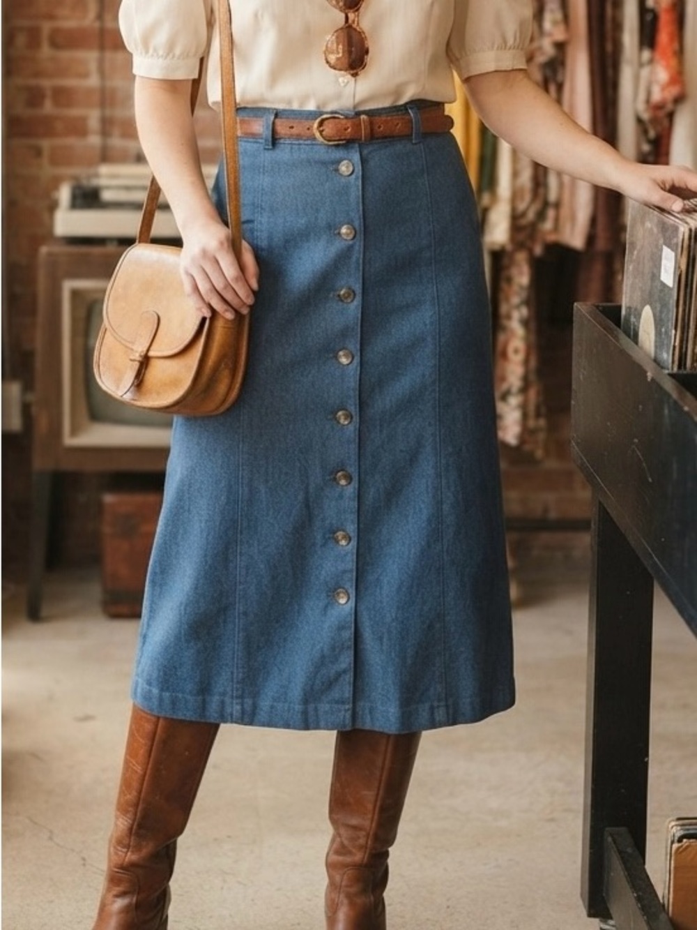 Vintage Newman Marcus Classic Button-Front Blue Denim Midi Skirt